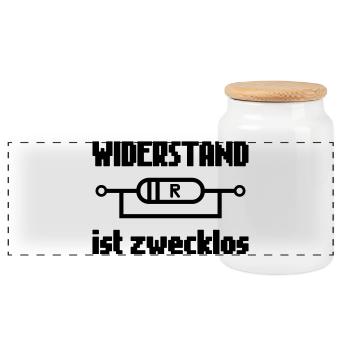 Widerstand ist Zwecklos – Strom & Technik-Humor - Panorama Keksdose mit Holzdeckel - Weiß - Vorne