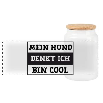 Mein Hund denkt ich bin cool - Panorama Keksdose mit Holzdeckel - Weiß - Vorne