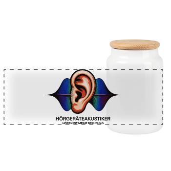 Hörgeräteakustiker Spruch – Hören ist Berufung - Panorama Keksdose mit Holzdeckel - Weiß - Vorne