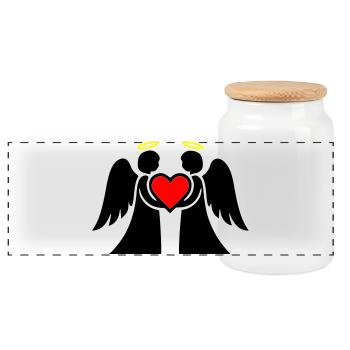 Angel couple with heart pictogram - Panoramic Cookie Jar with Wooden Lid - white - Front
