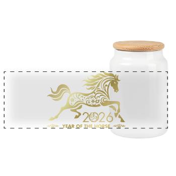 Chinese New year of the Horse 2026 - Panoramic Cookie Jar with Wooden Lid - white - Front