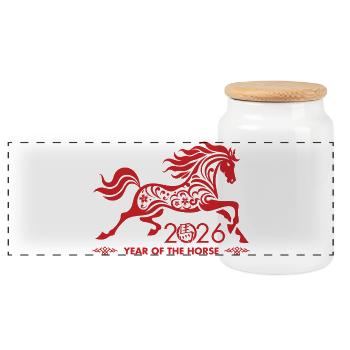 Chinese New year of the Horse 2026 - Panoramic Cookie Jar with Wooden Lid - white - Front