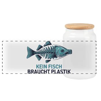 No fish needs plastic, environmental protection motif - Panoramic Cookie Jar with Wooden Lid - white - Front