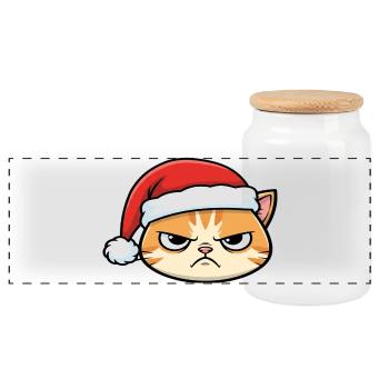 Genervte Katze mit Weihnachtsmütze - Panorama Keksdose mit Holzdeckel - Weiß - Vorne