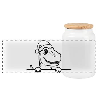 Funny Christmas Dino Line Art - Panoramic Cookie Jar with Wooden Lid - white - Front