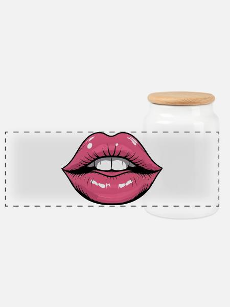 Pop Art Lippen Glanz - Panorama Keksdose mit Holzdeckel - Weiß