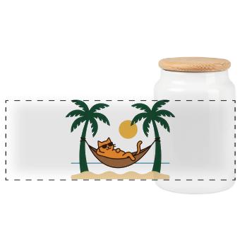 Katze in der Sonne auf der Insel - Panorama Keksdose mit Holzdeckel - Weiß - Vorne