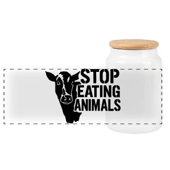 Stops animal suffering: No meat - Panoramic Cookie Jar with Wooden Lid - white - Front