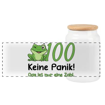 100 Geburtstag Design – Keine Panik! Lustig Frosch - Panorama Keksdose mit Holzdeckel - Weiß - Vorne
