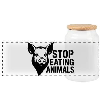 Stop Eating Animals Pig - Panoramic Cookie Jar with Wooden Lid - white - Front