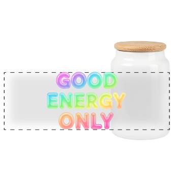 Good Energy Only – Positive Statement Typografie - Panorama Keksdose mit Holzdeckel - Weiß - Vorne