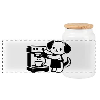 Barista dog super cute - Panoramic Cookie Jar with Wooden Lid - white - Front