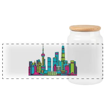 Shanghai City Skyline: Orientalische Perlenlinienzeichnung - Panorama Keksdose mit Holzdeckel - Weiß - Vorne