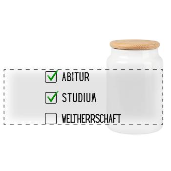 Studium Checkliste (ABI, Studium, Weltherschaft) - Panorama Keksdose mit Holzdeckel - Weiß - Vorne
