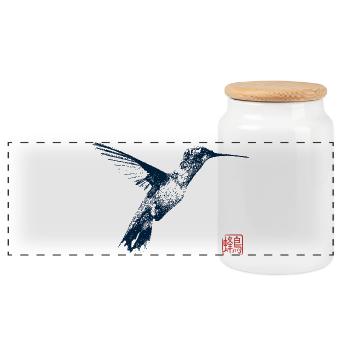 Hummingbird with Kanji Stamp - Panoramic Cookie Jar with Wooden Lid - white - Front