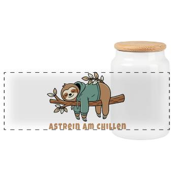 Astrein am Chillen – Faultier im Hoodie Design - Panorama Keksdose mit Holzdeckel - Weiß - Vorne
