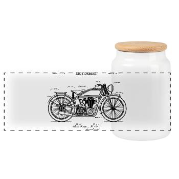 Vintage MOTORBIKE Patentdruck-BLAUPAUSEN - Panorama Keksdose mit Holzdeckel - Weiß - Vorne
