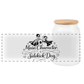 Main Character. Sidekick dog. - Panoramic Cookie Jar with Wooden Lid - white - Front