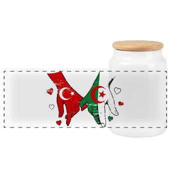 Turkey Algeria Flag Hand Holding Used - Panoramic Cookie Jar with Wooden Lid - white - Front