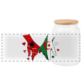 Albania Algeria flag hand holding used - Panoramic Cookie Jar with Wooden Lid - white - Front