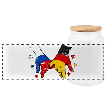 Drapeau russe-allemand se tenant la main - Boîte à biscuits avec couvercle en bois - blanc - Devant