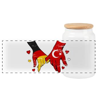 Germany Turkey Flags Holding Hands Used - Panoramic Cookie Jar with Wooden Lid - white - Front