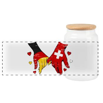 Germany Switzerland Flags Hand Holding used - Panoramic Cookie Jar with Wooden Lid - white - Front