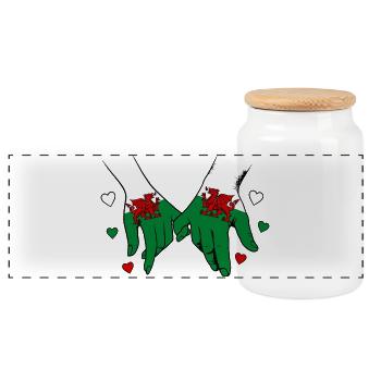 Wales_Flagge_Haendehalten - Panorama Keksdose mit Holzdeckel - Weiß - Vorne
