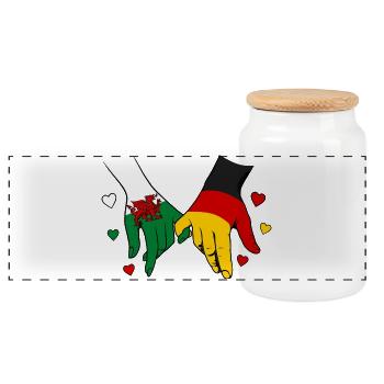 Wales_Deutschland_Flagge_Haendehalten - Panoramic Cookie Jar with Wooden Lid - white - Front