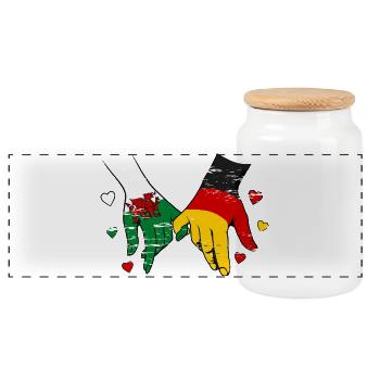 Wales_Deutschland_Flagge_Haendehalten_used - Panorama Keksdose mit Holzdeckel - Weiß - Vorne
