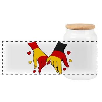 Spanien_Deutschland_Flagge_Haendehalten - Panorama Keksdose mit Holzdeckel - Weiß - Vorne