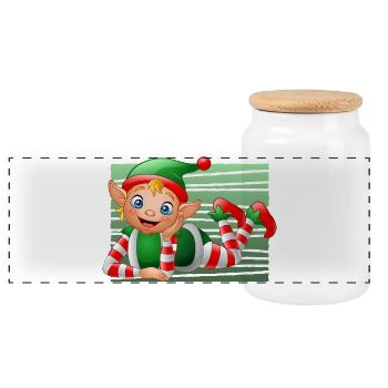 Cute Christmas Elf Character Green Holiday Art - Panoramic Cookie Jar with Wooden Lid - white - Front