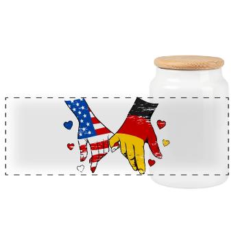 USA Germany Flags Hand Holding used - Panoramic Cookie Jar with Wooden Lid - white - Front