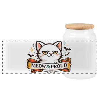 Meow & Proud Katze im Halloween Tattoo-Stil - Panorama Keksdose mit Holzdeckel - Weiß - Vorne