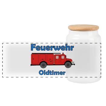 Feuerwehr Oldtimer  - Panorama Keksdose mit Holzdeckel - Weiß - Vorne