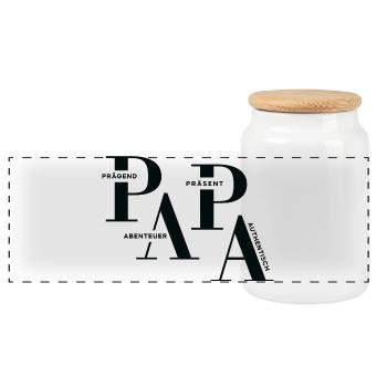 Gestaffeltes PAPA Design in Schwarz für helle Mode - Panorama Keksdose mit Holzdeckel - Weiß - Vorne