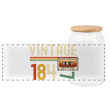 Vintage 84 Cassette Retro - Panoramic Cookie Jar with Wooden Lid - white - Front