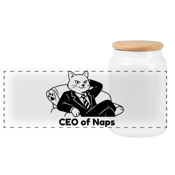 CEO of Naps Cat in Suit Design - Panoramic Cookie Jar with Wooden Lid - white - Front