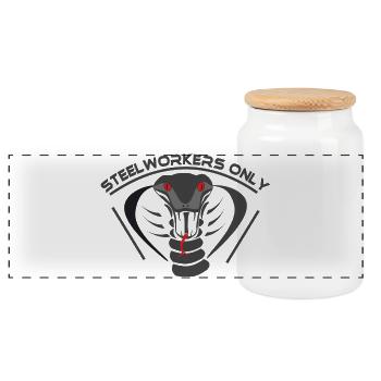Steelworkers_only_001 - Panoramic Cookie Jar with Wooden Lid - white - Front