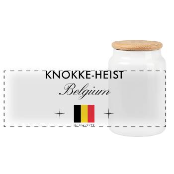 Knokke Heist Belgium Coordinates Travel Souvenir - Panoramic Cookie Jar with Wooden Lid - white - Front