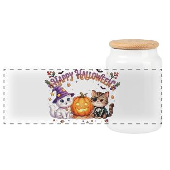 Happy Halloween mit Katzen & Kürbis - Panorama Keksdose mit Holzdeckel - Weiß - Vorne
