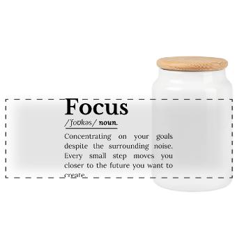 Fokus Definition Inspirierender Spruch Über Konzen - Panorama Keksdose mit Holzdeckel - Weiß - Vorne
