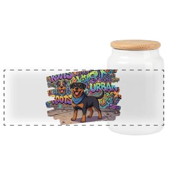 Freundlicher Rottweiler vor collem Graffiti - Panorama Keksdose mit Holzdeckel - Weiß - Vorne