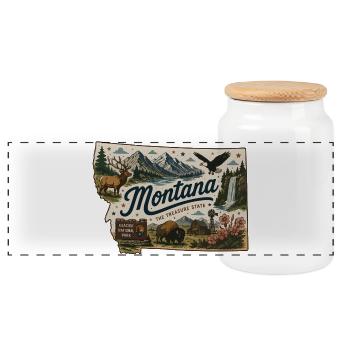 Montana Treasure State Vintage-Reiseaufkleber - Panorama Keksdose mit Holzdeckel - Weiß - Vorne