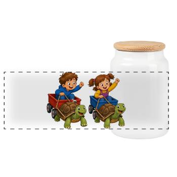 Kids turtle race in handcart fun - Panoramic Cookie Jar with Wooden Lid - white - Front