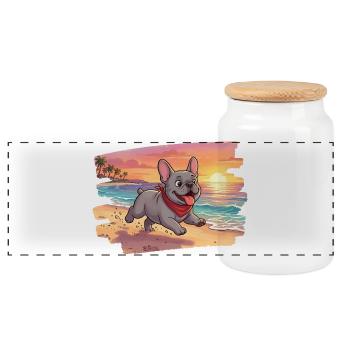 Entzückende französische Bulldogge am Strand - Panorama Keksdose mit Holzdeckel - Weiß - Vorne