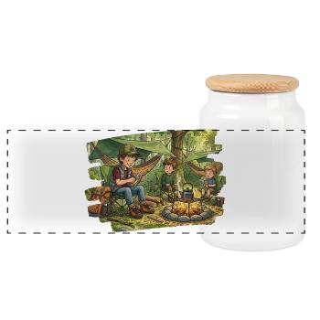 Papa mit 2 Söhnen am Lagerfeuer - Panorama Keksdose mit Holzdeckel - Weiß - Vorne
