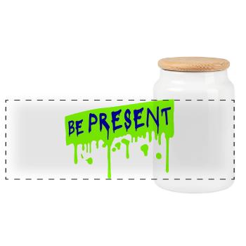 Be present at the moment here and now Quote Text - Panoramic Cookie Jar with Wooden Lid - white - Front