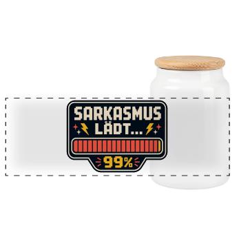 Sarkasmus lädt 99% – Lustiger Spruch - Panorama Keksdose mit Holzdeckel - Weiß - Vorne