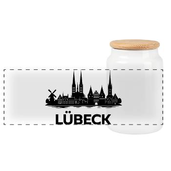 Lübeck Skyline - Panorama Keksdose mit Holzdeckel - Weiß - Vorne